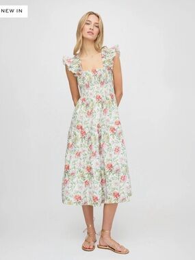 Floral Ruffle Strap Midi Dress - White with Pink & Green - The Ellie Nap Dress